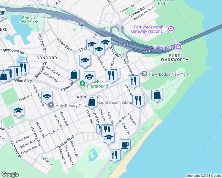 map of restaurants, bars, coffee shops, grocery stores, and more near 9 Jackson Avenue in Staten Island