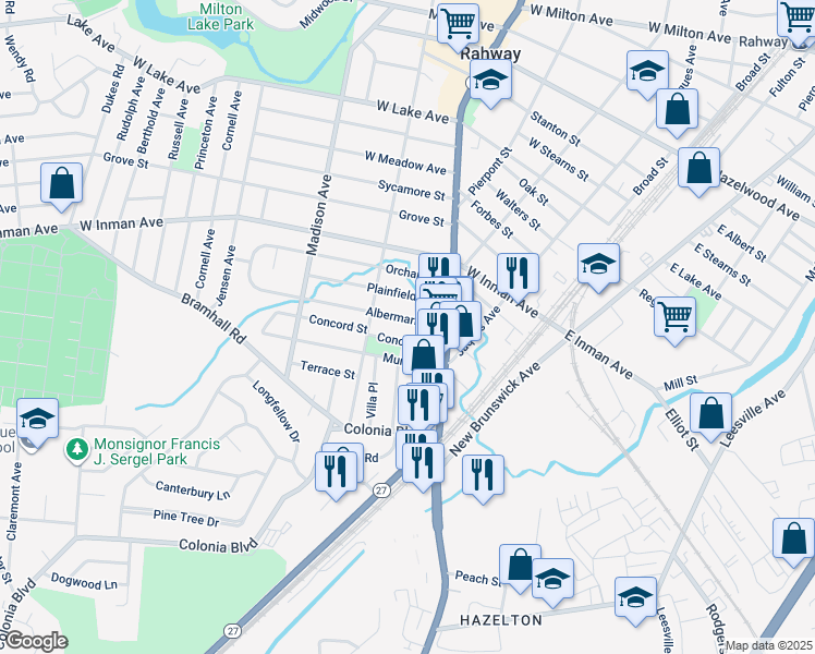 map of restaurants, bars, coffee shops, grocery stores, and more near 230 Albermarle Street in Rahway