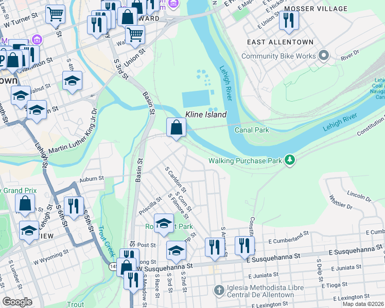 map of restaurants, bars, coffee shops, grocery stores, and more near 625 South Front Street in Allentown