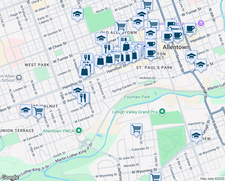 map of restaurants, bars, coffee shops, grocery stores, and more near 1137 Spring Garden Street in Allentown