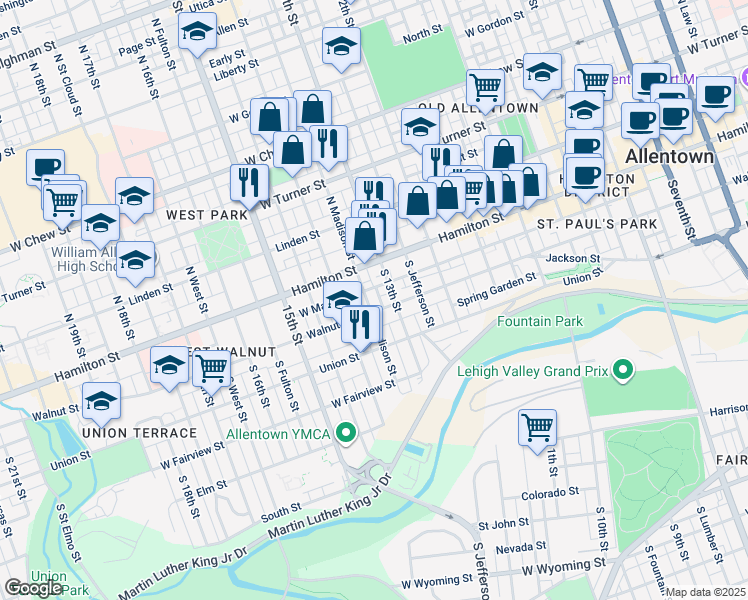 map of restaurants, bars, coffee shops, grocery stores, and more near 38 South Madison Street in Allentown
