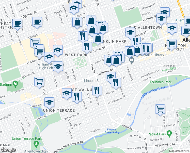 map of restaurants, bars, coffee shops, grocery stores, and more near 1444 Hamilton Street in Allentown