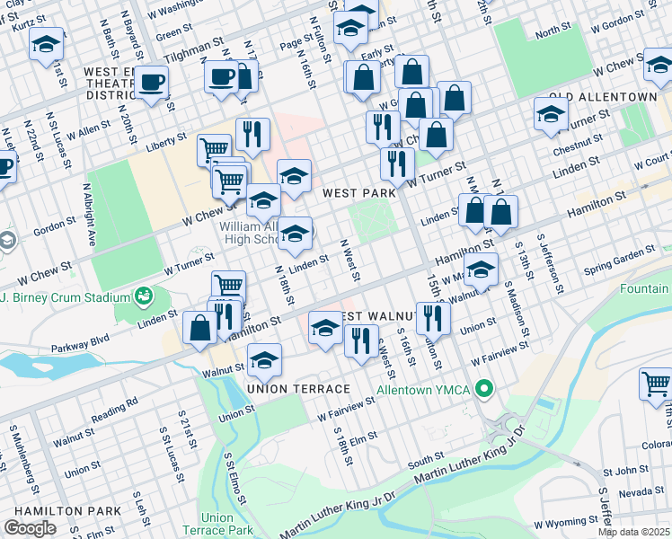 map of restaurants, bars, coffee shops, grocery stores, and more near 24 North West Street in Allentown