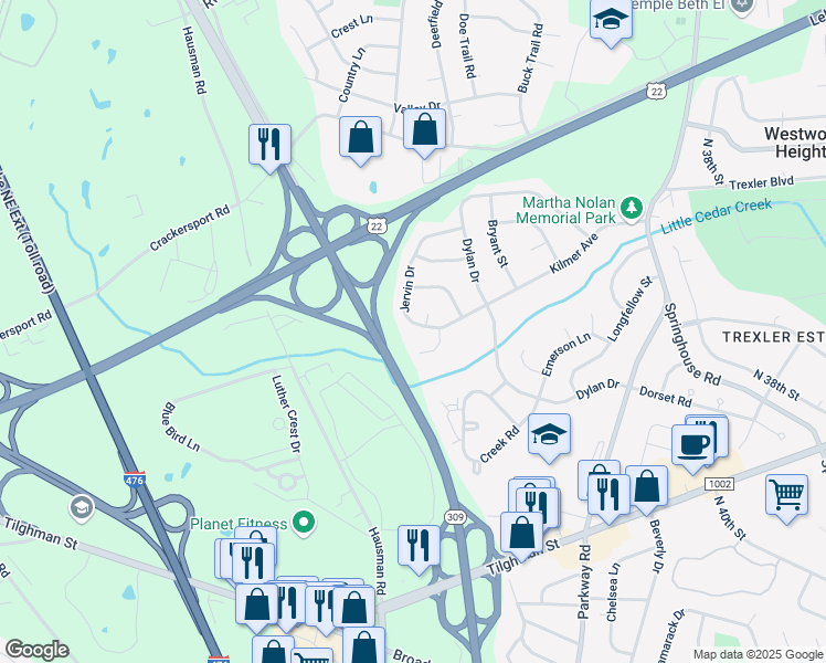 map of restaurants, bars, coffee shops, grocery stores, and more near 1024 Jervin Drive in Allentown