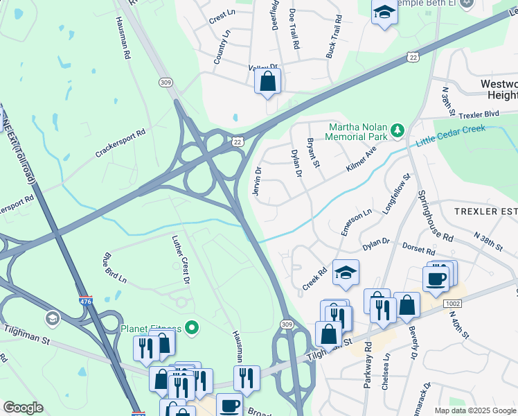 map of restaurants, bars, coffee shops, grocery stores, and more near 1024 Jervin Drive in Allentown