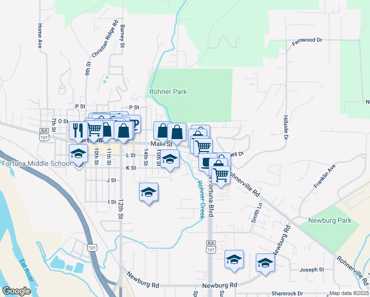 map of restaurants, bars, coffee shops, grocery stores, and more near 1665 Main St in Fortuna
