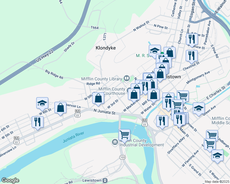 map of restaurants, bars, coffee shops, grocery stores, and more near 121 North Grand Street in Lewistown