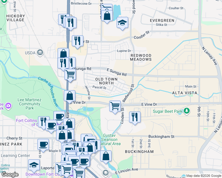 map of restaurants, bars, coffee shops, grocery stores, and more near 803 Heschel Street in Fort Collins