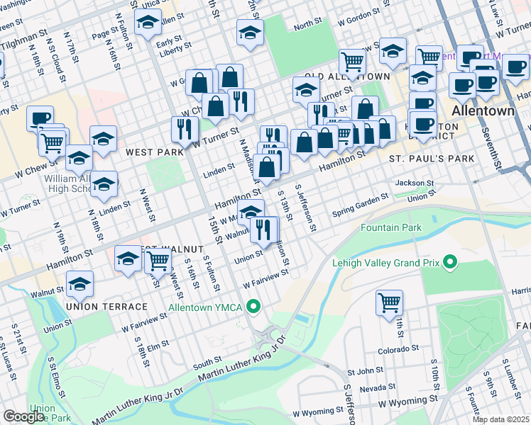 map of restaurants, bars, coffee shops, grocery stores, and more near 32 South Madison Street in Allentown