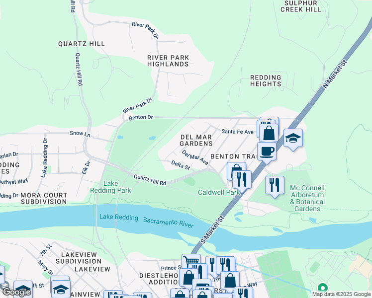 map of restaurants, bars, coffee shops, grocery stores, and more near 1830 Del Mar Avenue in Redding
