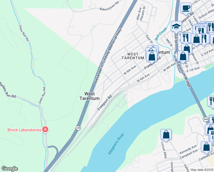 map of restaurants, bars, coffee shops, grocery stores, and more near 510 West 8th Avenue in Tarentum