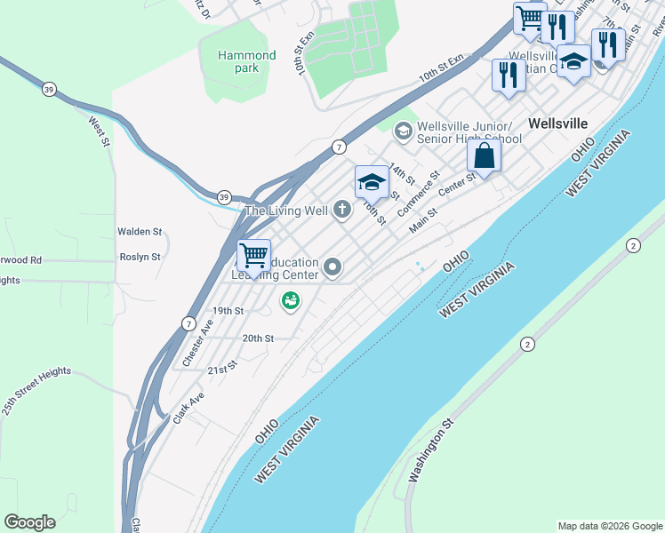 map of restaurants, bars, coffee shops, grocery stores, and more near 1730 Commerce Street in Wellsville