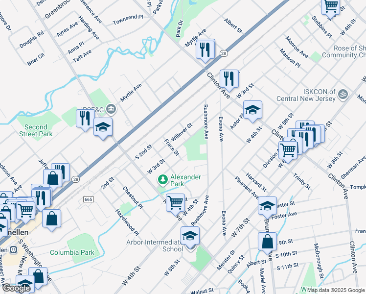 map of restaurants, bars, coffee shops, grocery stores, and more near 1505 West 3rd Street in Plainfield