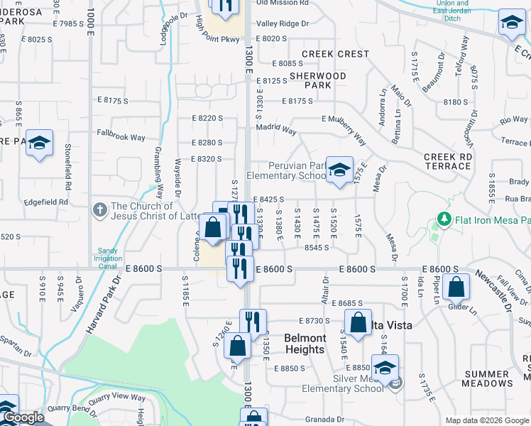 map of restaurants, bars, coffee shops, grocery stores, and more near 8455 South 1330 East in Sandy