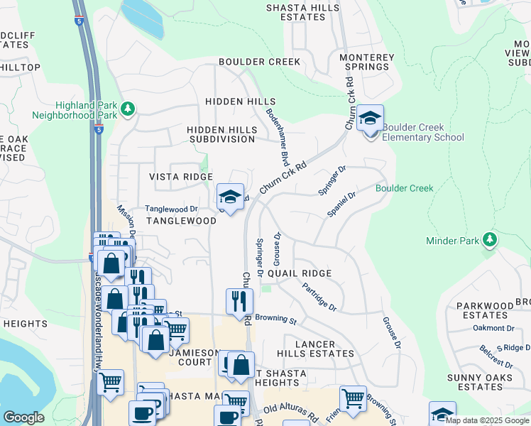 map of restaurants, bars, coffee shops, grocery stores, and more near 1227 Whistling Drive in Redding