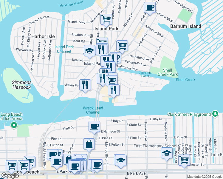 map of restaurants, bars, coffee shops, grocery stores, and more near 4601 Austin Boulevard in Island Park