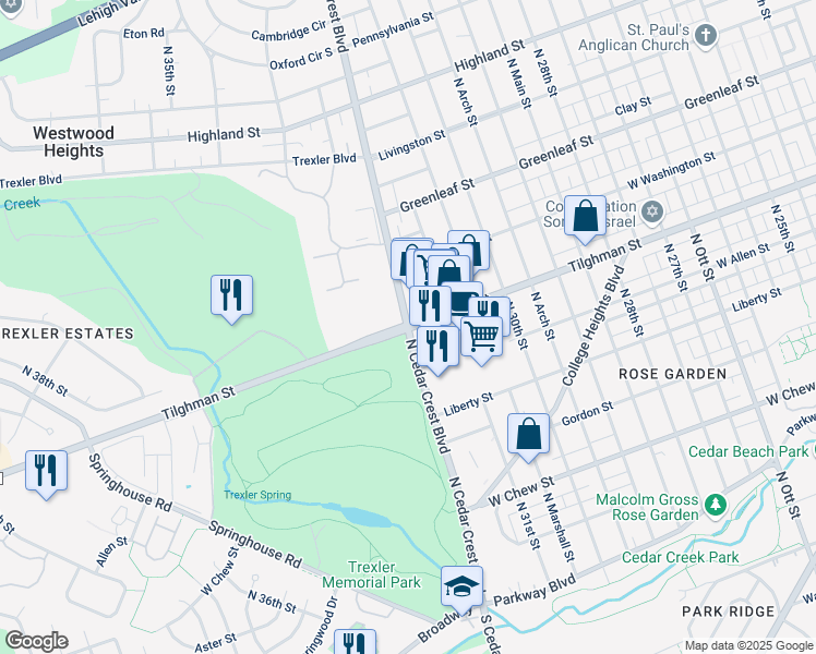 map of restaurants, bars, coffee shops, grocery stores, and more near W Tilghman St & N Cedar Crest Blvd in Allentown