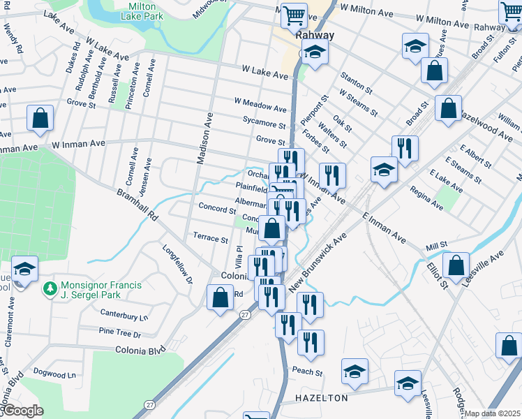 map of restaurants, bars, coffee shops, grocery stores, and more near 230 Albermarle Street in Rahway