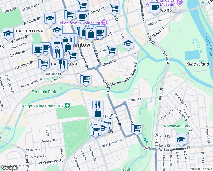 map of restaurants, bars, coffee shops, grocery stores, and more near 631 Martin Luther King Junior Drive in Allentown