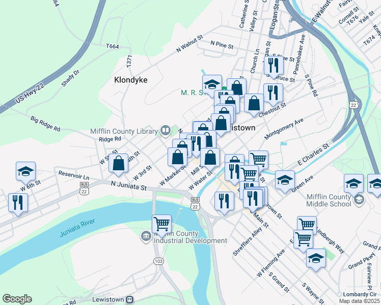 map of restaurants, bars, coffee shops, grocery stores, and more near 25-27-29 East Market Street in Lewistown