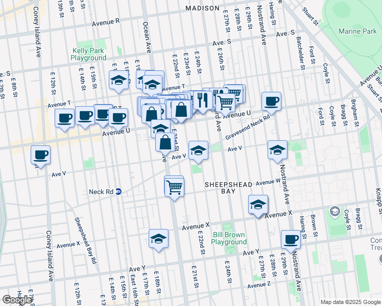 map of restaurants, bars, coffee shops, grocery stores, and more near 2195 East 22nd Street in Brooklyn