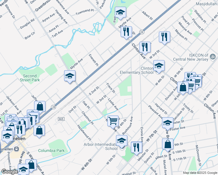 map of restaurants, bars, coffee shops, grocery stores, and more near 1601 Willever Street in Plainfield