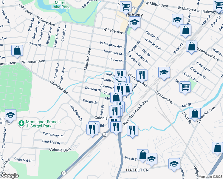 map of restaurants, bars, coffee shops, grocery stores, and more near 230 Albermarle Street in Rahway