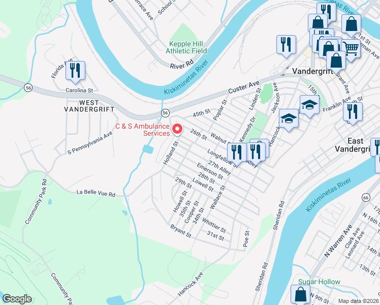 map of restaurants, bars, coffee shops, grocery stores, and more near 717 Irving Street in Vandergrift