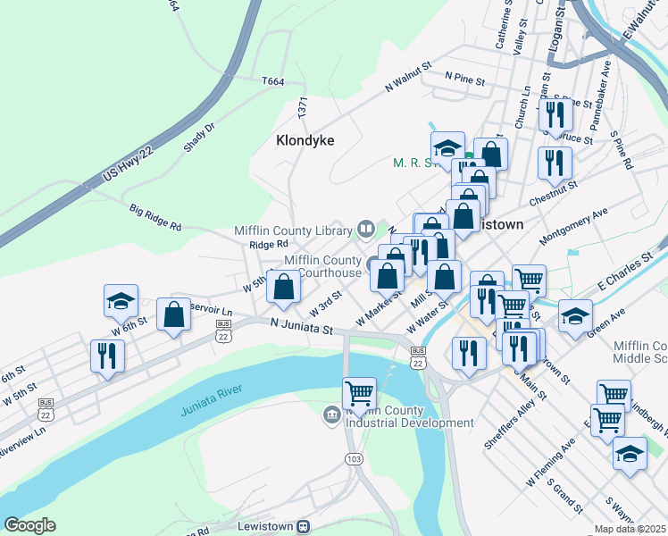 map of restaurants, bars, coffee shops, grocery stores, and more near 121 North Grand Street in Lewistown