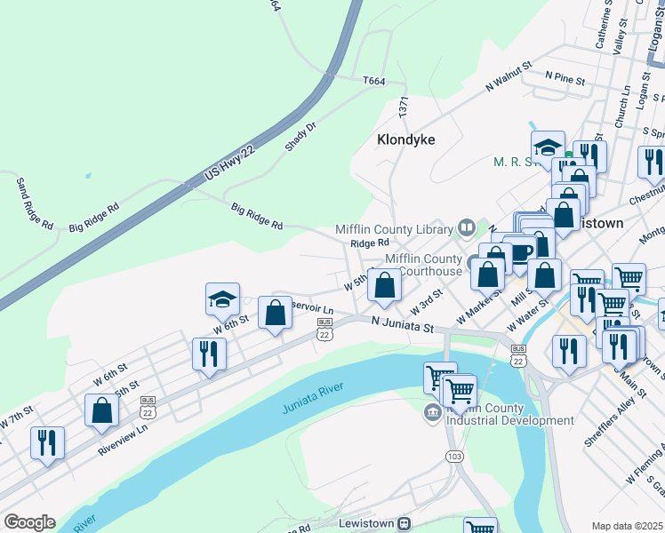 map of restaurants, bars, coffee shops, grocery stores, and more near 16 Woods Lane in Lewistown