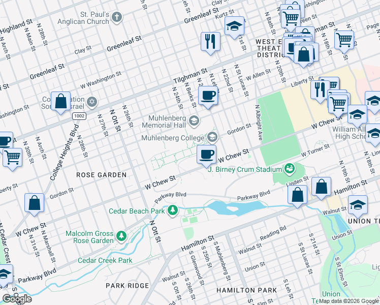 map of restaurants, bars, coffee shops, grocery stores, and more near 2400 West Chew Street in Allentown