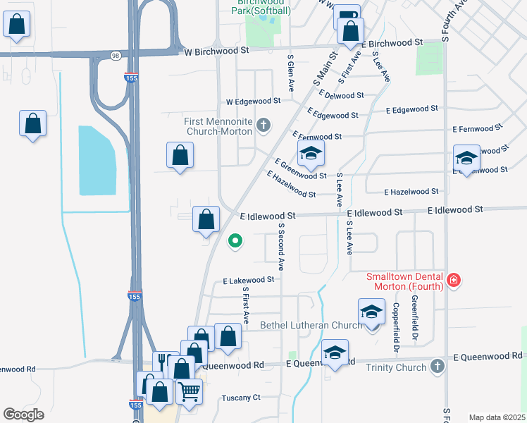 map of restaurants, bars, coffee shops, grocery stores, and more near 143 East Idlewood Street in Morton