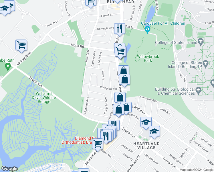 map of restaurants, bars, coffee shops, grocery stores, and more near 51 Rivington Avenue in Staten Island