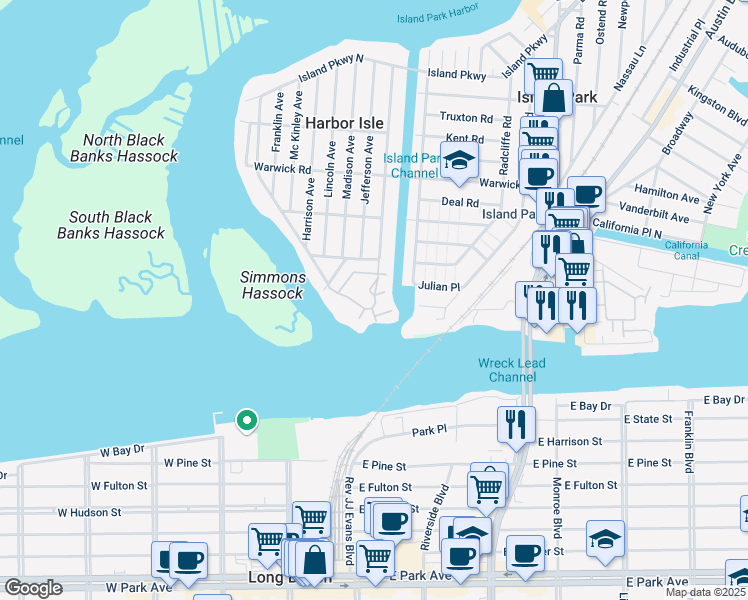 map of restaurants, bars, coffee shops, grocery stores, and more near 100 Harbor Terrace in Island Park
