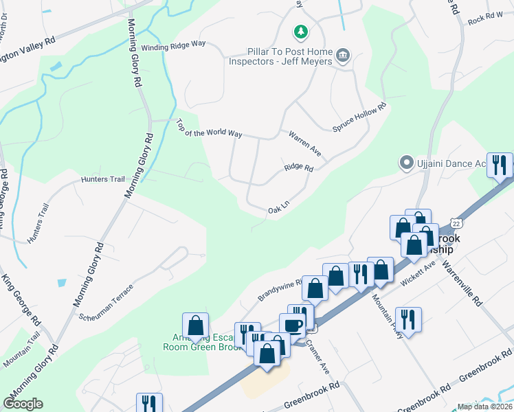 map of restaurants, bars, coffee shops, grocery stores, and more near 17 Oak Lane in Green Brook Township