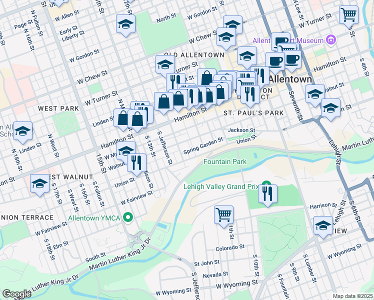 map of restaurants, bars, coffee shops, grocery stores, and more near 1139 Spring Garden Street in Allentown