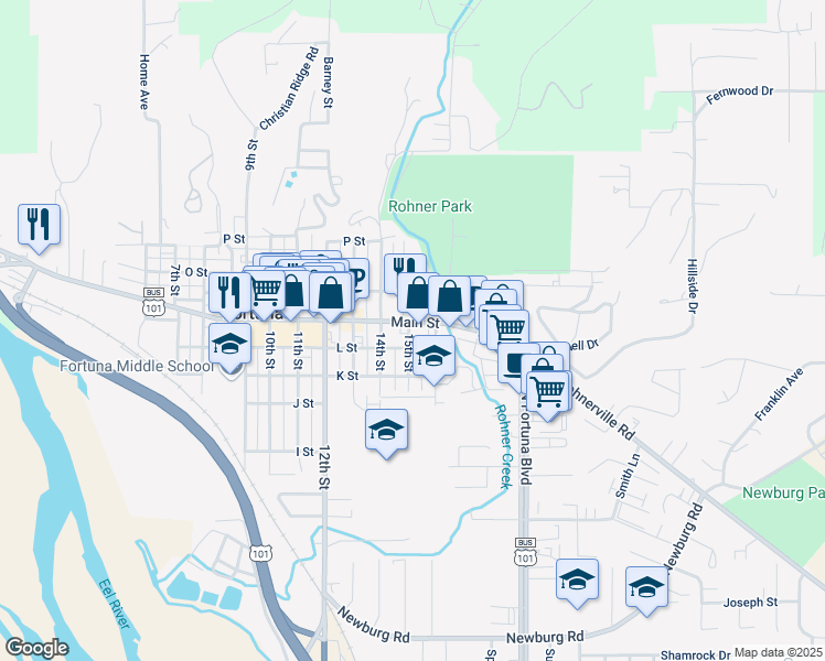 map of restaurants, bars, coffee shops, grocery stores, and more near 624 16th Street in Fortuna