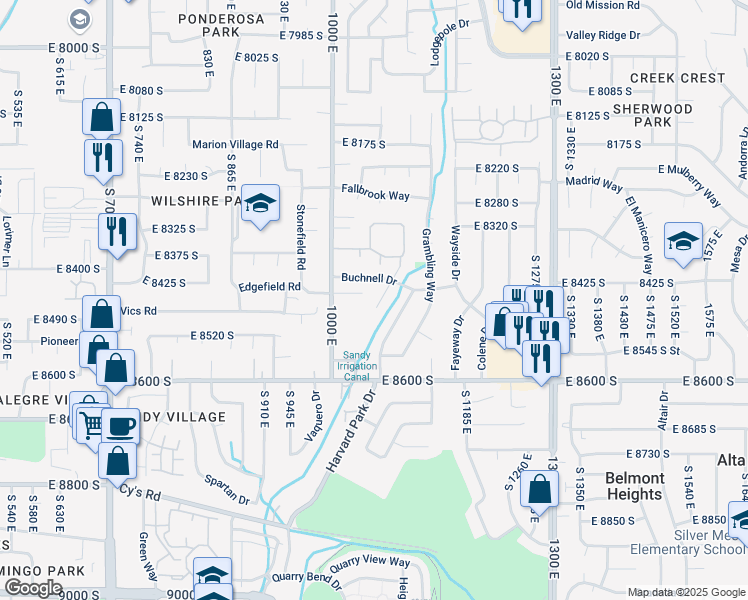 map of restaurants, bars, coffee shops, grocery stores, and more near 8480 South Cornell Drive in Sandy