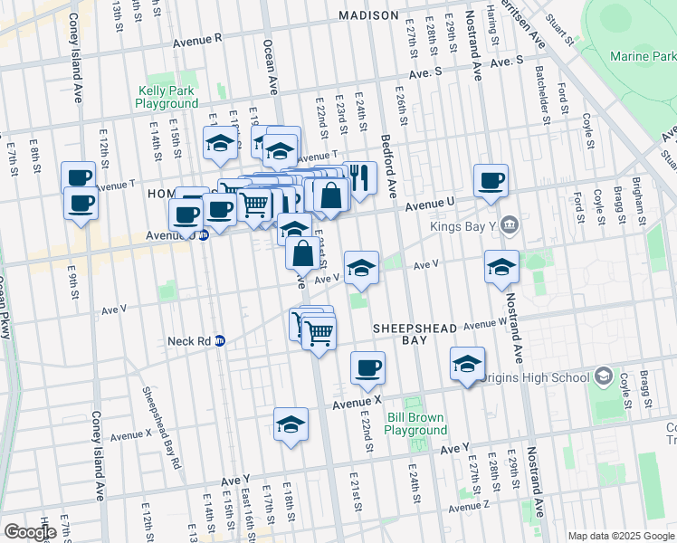 map of restaurants, bars, coffee shops, grocery stores, and more near 2250 East 21st Street in Brooklyn