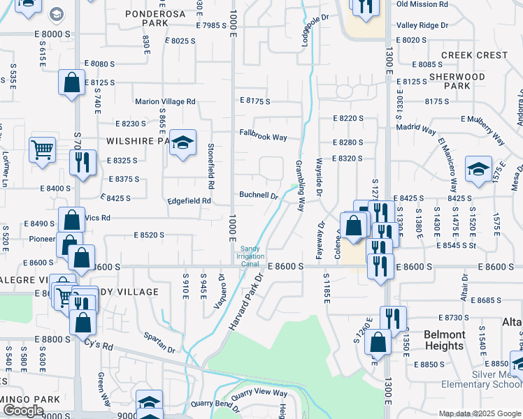 map of restaurants, bars, coffee shops, grocery stores, and more near 8480 South Cornell Drive in Sandy