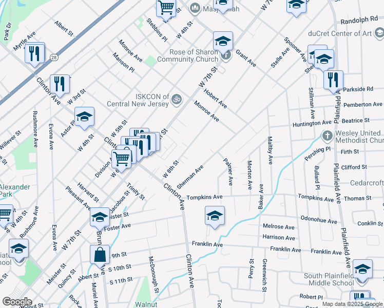 map of restaurants, bars, coffee shops, grocery stores, and more near 1125 West 8th Street in South Plainfield