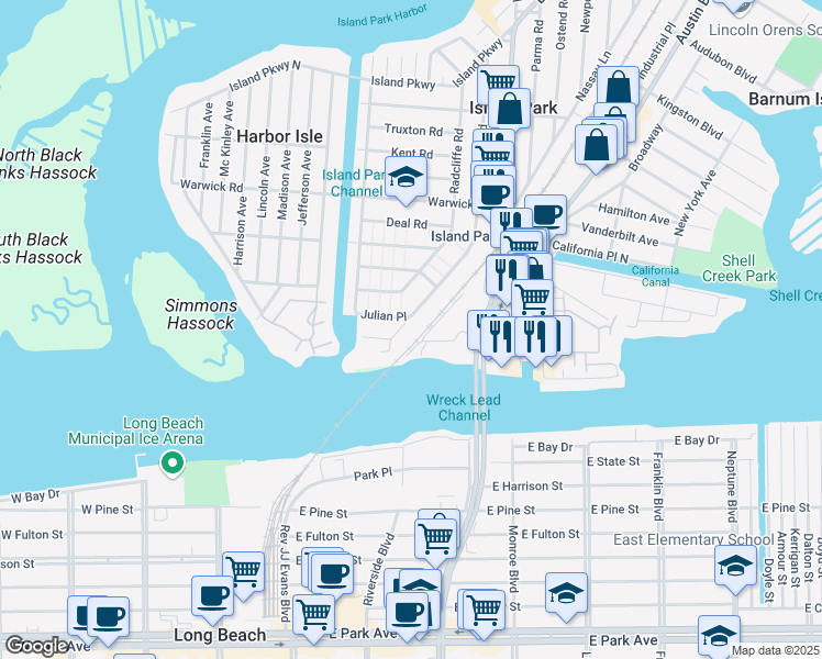 map of restaurants, bars, coffee shops, grocery stores, and more near 41 Quebec Road in Island Park