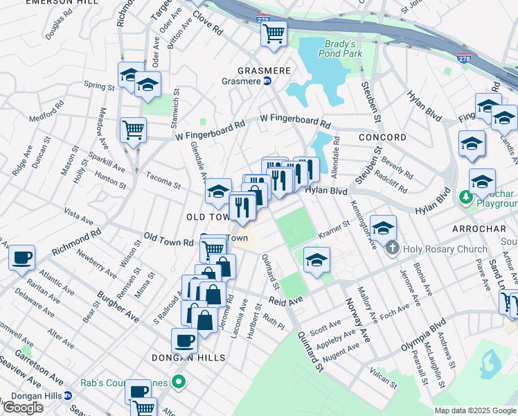 map of restaurants, bars, coffee shops, grocery stores, and more near Hylan Boulevard in Staten Island