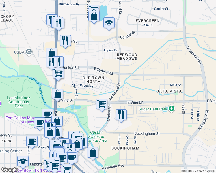map of restaurants, bars, coffee shops, grocery stores, and more near 509 Cajetan Street in Fort Collins