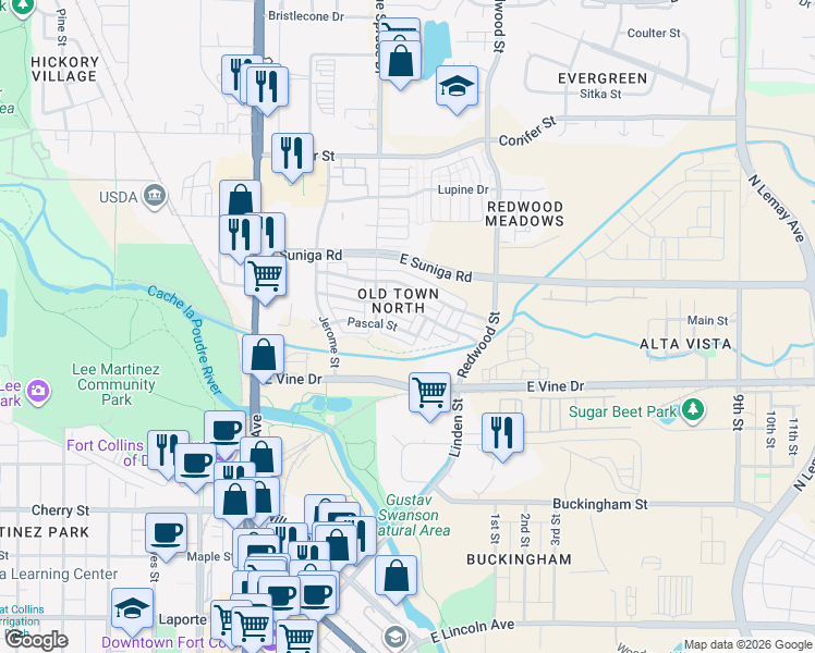 map of restaurants, bars, coffee shops, grocery stores, and more near 803 Heschel Street in Fort Collins