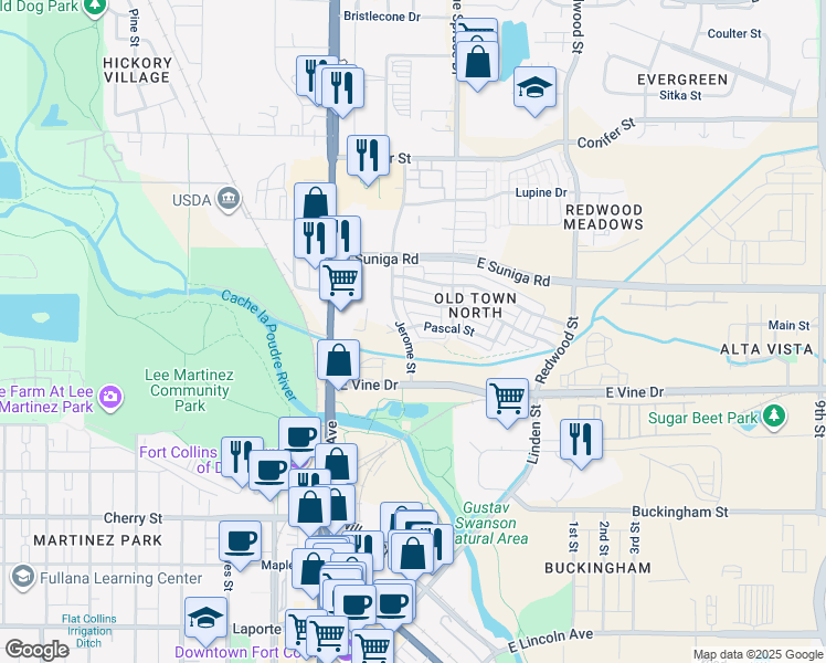 map of restaurants, bars, coffee shops, grocery stores, and more near 750 Jerome Street in Fort Collins