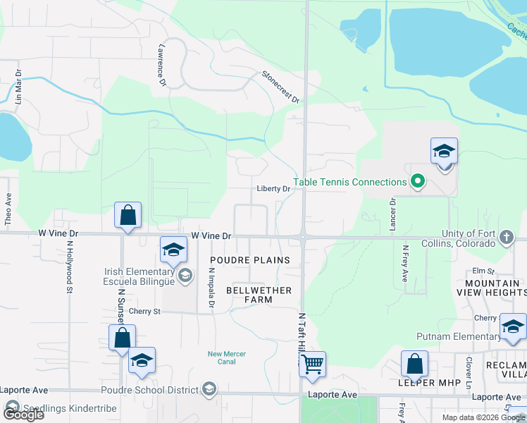 map of restaurants, bars, coffee shops, grocery stores, and more near 717 North Montview Road in Fort Collins