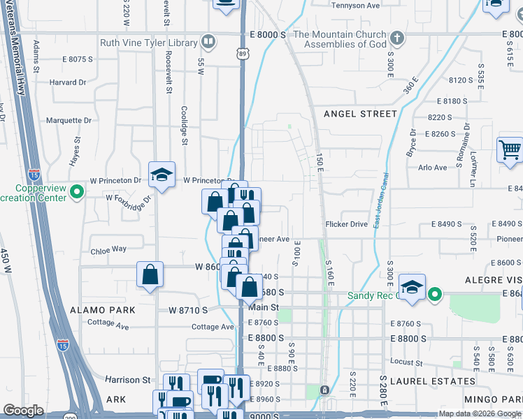 map of restaurants, bars, coffee shops, grocery stores, and more near 26 Mars Way in Sandy