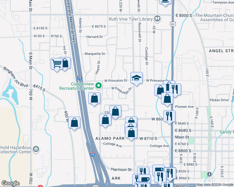 map of restaurants, bars, coffee shops, grocery stores, and more near 8464 West Bridge Road in Midvale