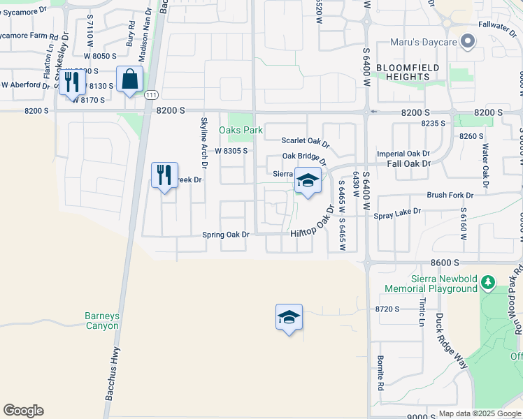 map of restaurants, bars, coffee shops, grocery stores, and more near 8468 Ivy Springs Lane in West Jordan